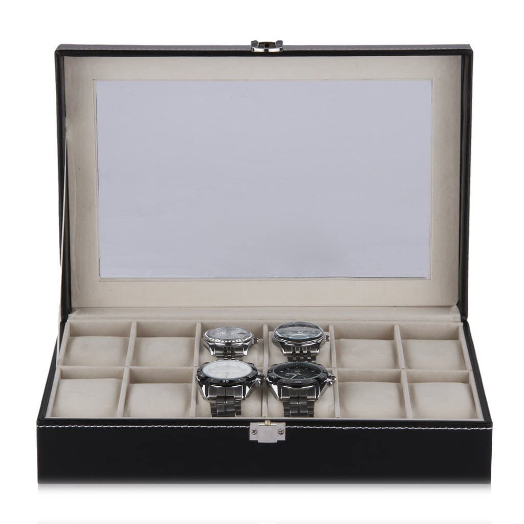 XBTGS Uhren-Vitrine mit 12 Fächern, Aufbewahrungsbox für Armbanduhren, Schmuck-Organizer,