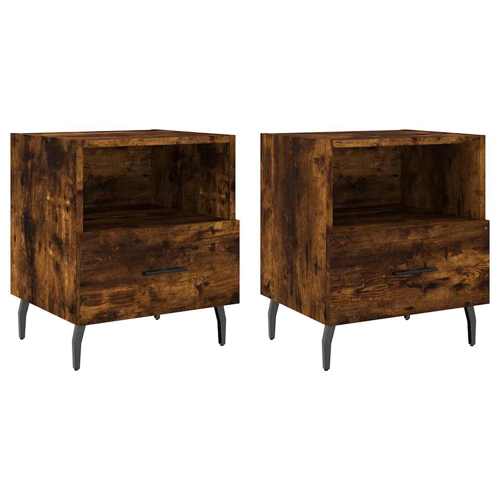Table de nuit moderne en chêne fumé et métal noir avec tiroir coulissant
