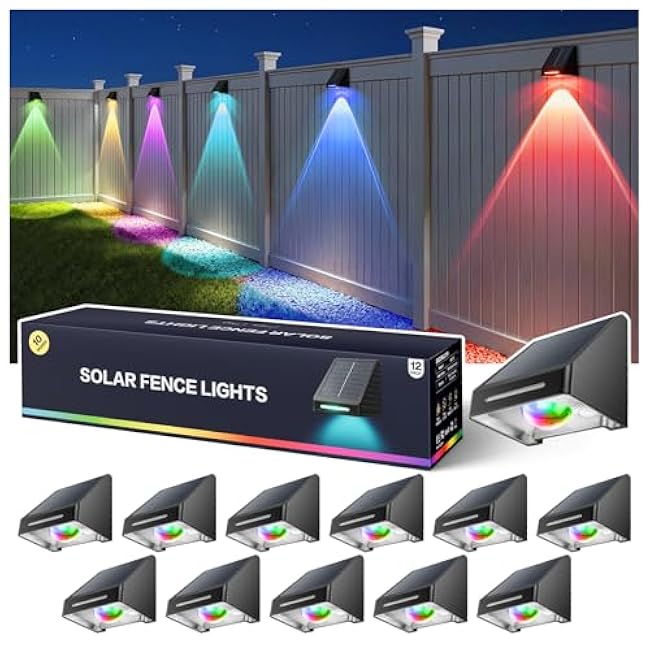 Solar Fence Lights Outdoor Waterproof, 9 Fixed Color ¨Õ RGB Color Changing Modes, Brighter Spot Lens Fence Lights Solar Powered, Dusk to Dawn Deck Lighting Decor for Wall Step Stairs - 12 Pack
