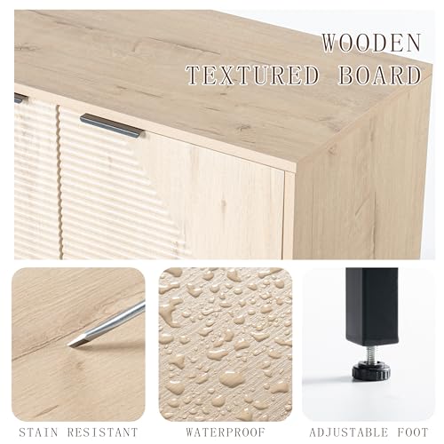 خزانة بوفيه جانبية عصرية مع ابواب وارفف - خزانة تخزين خشبية مخددة لغرفة المعيشة او المدخل او المطبخ (بلوط ابيض)