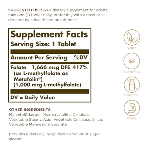 Solgar Folate 1000 mcg - 120 Tablets, 2 Pack - 1000 mcg Bio-Active Metafolin - Vegan, Gluten Free, Dairy Free, Kosher - 240 Total Servings - image 2