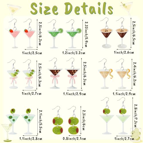 Y1tvei Martini Acrylic Dangle Earrings - 9 Pairs Cute Olive Strawberry Lemon Coffee Beans Coquette Pink Bow Glitter Dangle Drop for Women Girls, Stylish Accessories Jewelry Gift Set for Party Holiday2