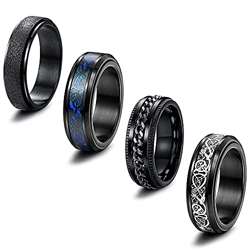 LOYALLOOK Anxiety Ring Spinner Fidget Rings for Anxiety Dragon Ring Black Stainless Steel Rings for Men Women Size 8