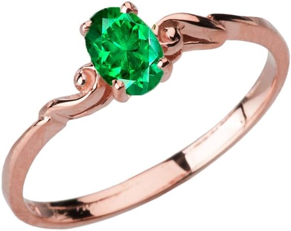 Dainty 14k Rose Gold Genuine Emerald Swirled Engagement/Promise Solitaire Ring