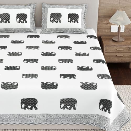 Image of Living Roots Ethnic Jaipur Block Print Double Cotton Bedsheet & 2 Pillow Covers, for Mattress Upto 6 inches Thick, No Colour Bleeding, Grey Colour, King Size 90 * 108 inches, 120TC (615-B)