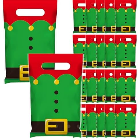 TecUnite 100 Pieces Christmas Plastic Gift Bags Bulk Christmas Elf Goodie Bags with Handle Xmas Candy Bags Holiday Treat Bags for Christmas Party Favor Supplies Decor Cover