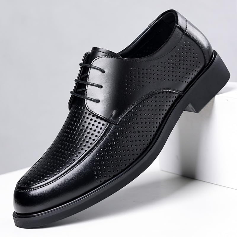Breathable Hollow Dress Oxford for Men Lace Up Round Toe Leather Apron Toe Shoes Slip Resistant Low Top Anti-Slip Non Slip Rubber Sole Prom3