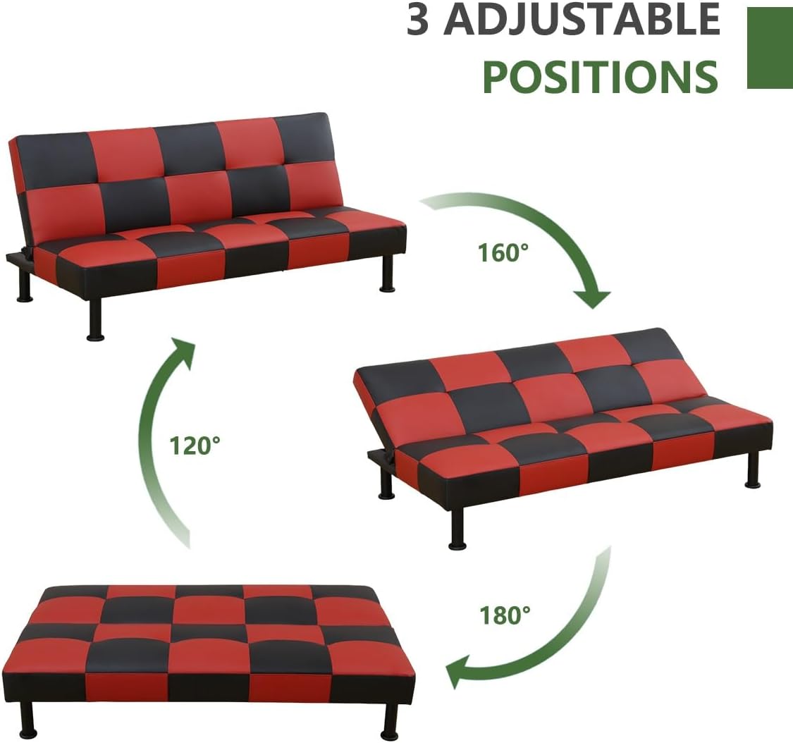 Convertible Futon Sofa Bed with 3 Adjustable Positions Faux Leather Futon Couch with Stable Metal Legs Recliner Sleeper Sofa for Living Room, Studio, Office Small Couch Bed(Red+Black Faux Leather)