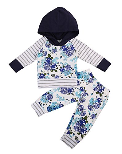 Baby Girl 2pcs Outfit -Vivid Flower Print Hoodies with Pocket Tops+Floral Long Pants Taking Home Clothing Set (0-3 Months, Blue)
