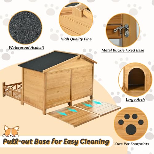 Merax 48" Wooden Dog House Outdoor, Medium Large Breed Outside Kennel with Porch, Paw Print, Weatherproof Asphalt Roof and Fencing - Image 4