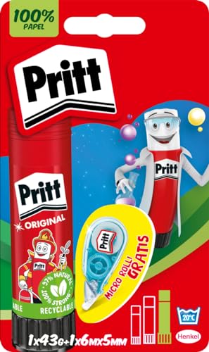 Pritt Barra Adhesiva + Corrector Micro Roller, pegamento infantil y corrector blanco, accesorios para estuche escolar y oficina, 43 g (Pritt Stick) y 5mm x 6m (corrector)