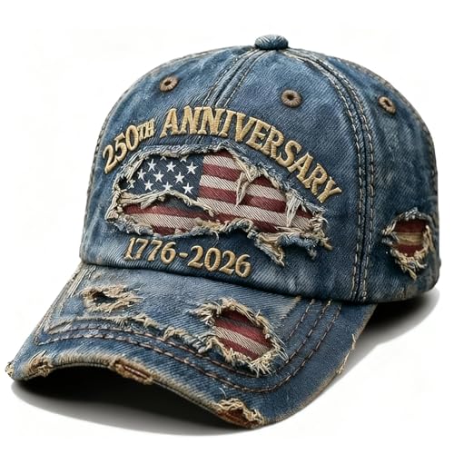 KKilicy 250 Anniversary USA Hat Adjustable Embroidered 250th Anniversary Patriotic Retro Denim Hat Baseball Caps (Blue)