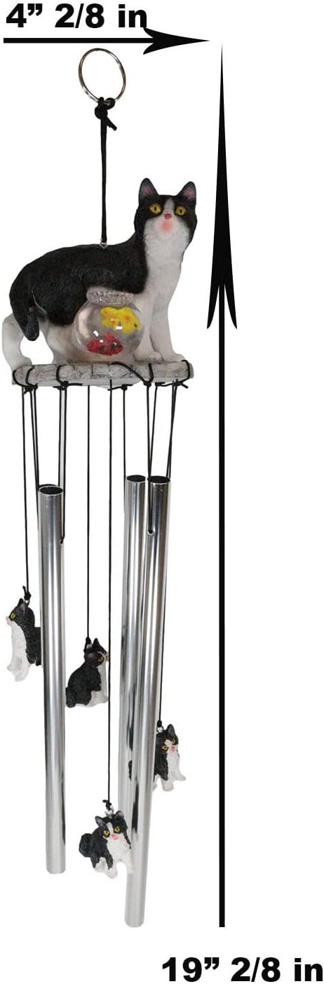 Ebros Gift Feline Tuxedo Black White Kitty Cat with Fish Bowl Resonant Wind Chime Home Patio Garden Mobile Decor of Cats Kittens Kitties Decorative Noisemakers