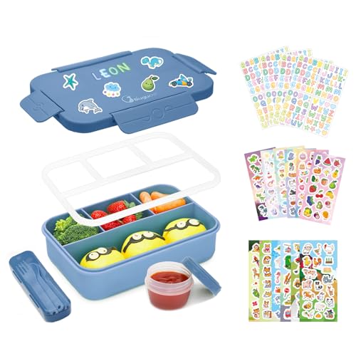 Bugucat Fiambrera con compartimentos, 1300 ml, fiambrera para niños, a prueba de fugas con 4 compartimentos, fiambrera Bento Box con 16 pegatinas para niños y adultos, caja de desayuno para niños y