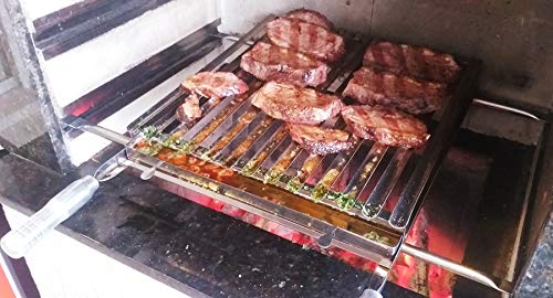 Grelha Churrasco Parrilla Argentina Inox com Caixa Gordura Removível e Cabo Metálico 40x40cm