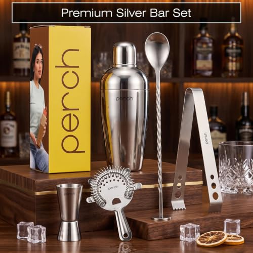 Image of O' Holic by Perch Craft 5-Piece Stainless Steel Bartender Kit|Premium Cocktail Shaker Set with Jigger 30 /60ml, Spoon, Ice Tong, & Strainer|Professional Bar Set for Home &Tour Parties|Silver