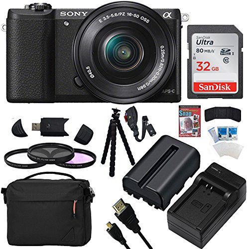Sony Alpha a5100 24.3MP HD 1080p Mirrorless Digital Camera with 16-50mm Lens Black Bundle with 32GB Memory Card, Bag, Battery, Charger, 40.5mm Kit, Training Guide, Table-top Tripod and HDMI Cable