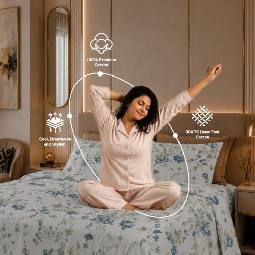 Image of Jaipur Weaves Cotton Linen Feel King Size Bedsheet 108x108 Super King, 100% Pure Cotton Bed Sheet with 2 Pillow Covers, 300 TC Soft Breathable Floral Design Bedding -(Vintage Blue, Super King)