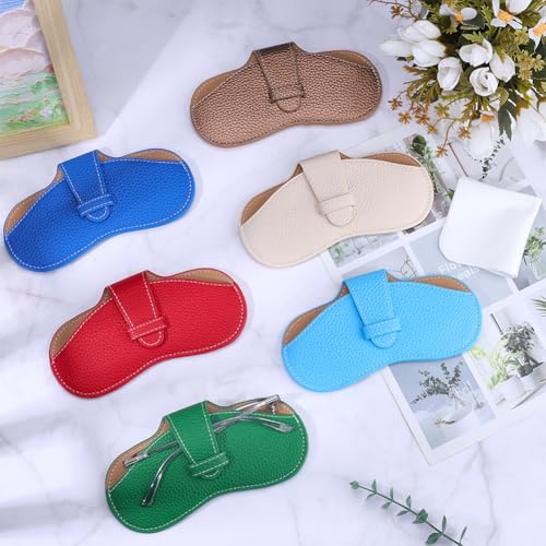 Image of CREATCABIN Slim Glasses Case Leather Sunglasses Case Bag Portable Travel Eyeglass Spectacle Holder Pouch Cover Lightweight with Soft Cleaning Cloth Gift for Women Men Beach Holiday 6.9x3.4 Inch Green