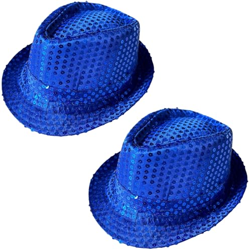 2 Piezas Sombrero Fedora Purpurina Niños Niñas Gorra Lentejuelas Brillantes Hip Hop Danza Jazz Fiesta Disco Carnaval Accesorio (Talla única,Azul)