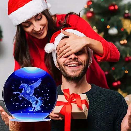 Image of 2 Pcs 3D Unicorn and Deer Crystal Ball Light, USB Powered with Wooden Base Perfect for Home Decor, Office, Birthday Gift & Kids Bedroom