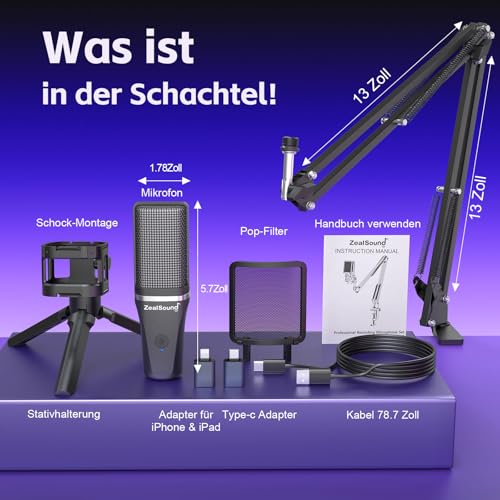 zealsound USB Gaming Mikrofon für PC Mac iPhone mit RGB/Mute/2 Adapter & 2 Ständer(USB-C & Lightning Adapter, Stativ & Boom), Plug & Plug PC Mic für Podcast, Streaming Twitch YouTube auf Windows PS5