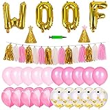 Legendog Premium 48Pcs Dog Cat Birthday Party Supplies with Dog Birthday Hat, Dog Girl or Boy Birthday Party Decorations, Woof Balloons Happy Pet Birthday Party Kit (Pink+Gold)