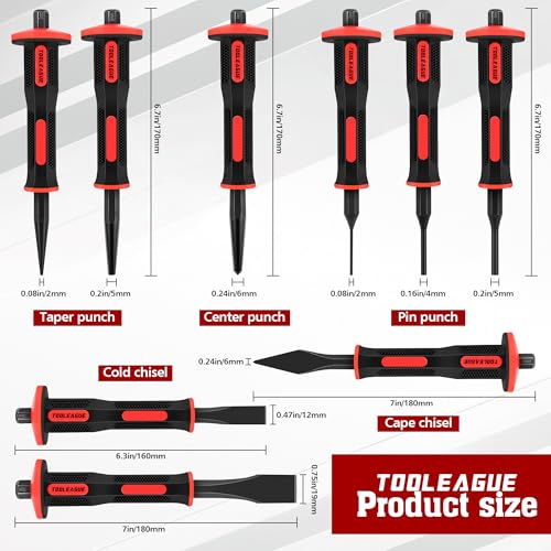 Image of TOOLEAGUE 9Pcs Punch and Chisel Set with Hand Guard | Including Cape & Cold Chisels, Taper, Pin & Center Punch for Working with Wood, Metal, Automotive