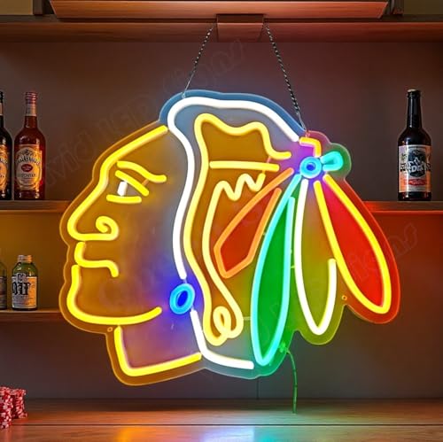 Queen Sense 16x14 Chicagos Sports Blackhawks LED Neon Sign for Wall Decor USB Powered Dimmable LED Lights Signs Man Cave Bar Pub Beer Art Gift BH672