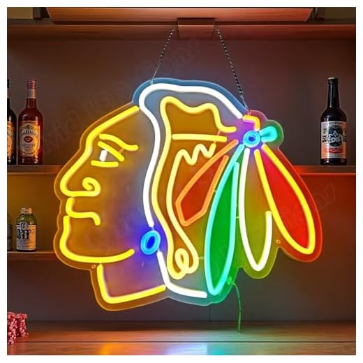 Queen Sense 16"x14" Chicagos Sports Blackhawks LED Neon Sign for Wall Decor USB Powered Dimmable LED Lights Signs Man Cave Bar Pub Beer Art Gift BH672