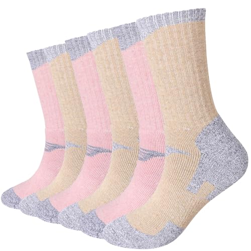 Image of EnerWear 6 Pack Women's Wool Outdoor Hiking Trail Crew Sock (US 9-11, Pink /Khaki)