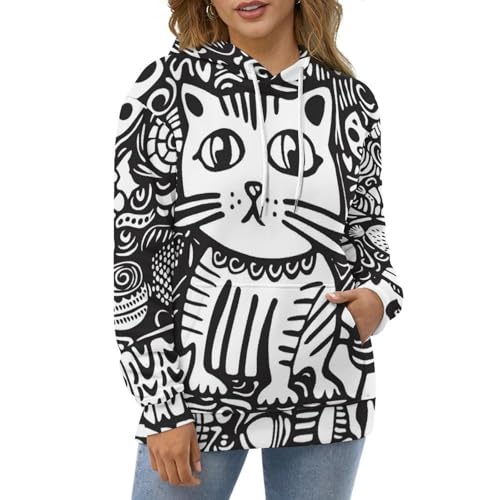Sweatshirt poisson et chat noir pullover manches longues taille S - 2