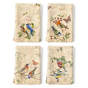 4er Set Baumwoll-K&uuml;chent&uuml;cher mit heimischen Gartenv&ouml;geln, Meise, Finken | Geschenk-Deko