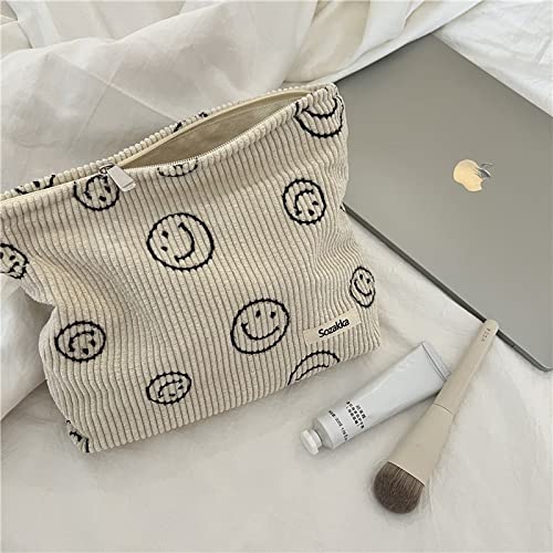 Corduroy Cosmetic Bag Aesthetic Women Handbags Purses Smile Dots Makeup Organizer Storage Makeup Bag Girls Pencil Case Bags (Beige Smile)