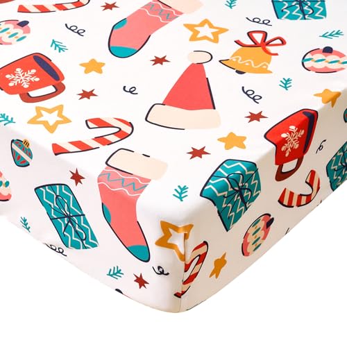 Christmas Crib Sheet for Baby Boys Girls 52 x 28 Inches Gift Fitted Crib Sheets for Standard Crib and Toddler Mattress Baby Sheet Newborn Bedding Nursery Mattress Cover White