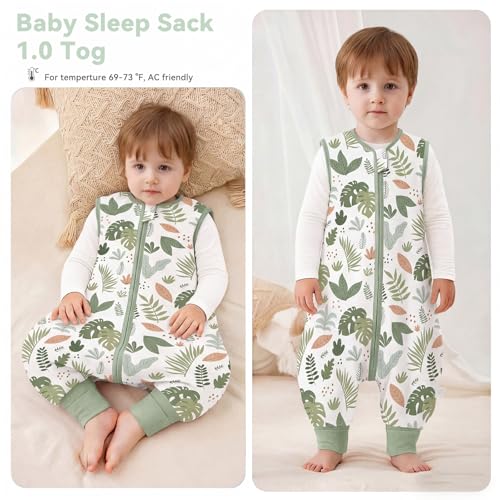 Image of Chilsuessy Toddler Sleep Sack with Feet 6-18 Months, 1.0 TOG Cotton Baby Wearable Blanket with Legs, Sleep Bag Walker with 2-Way Zipper, Monstera