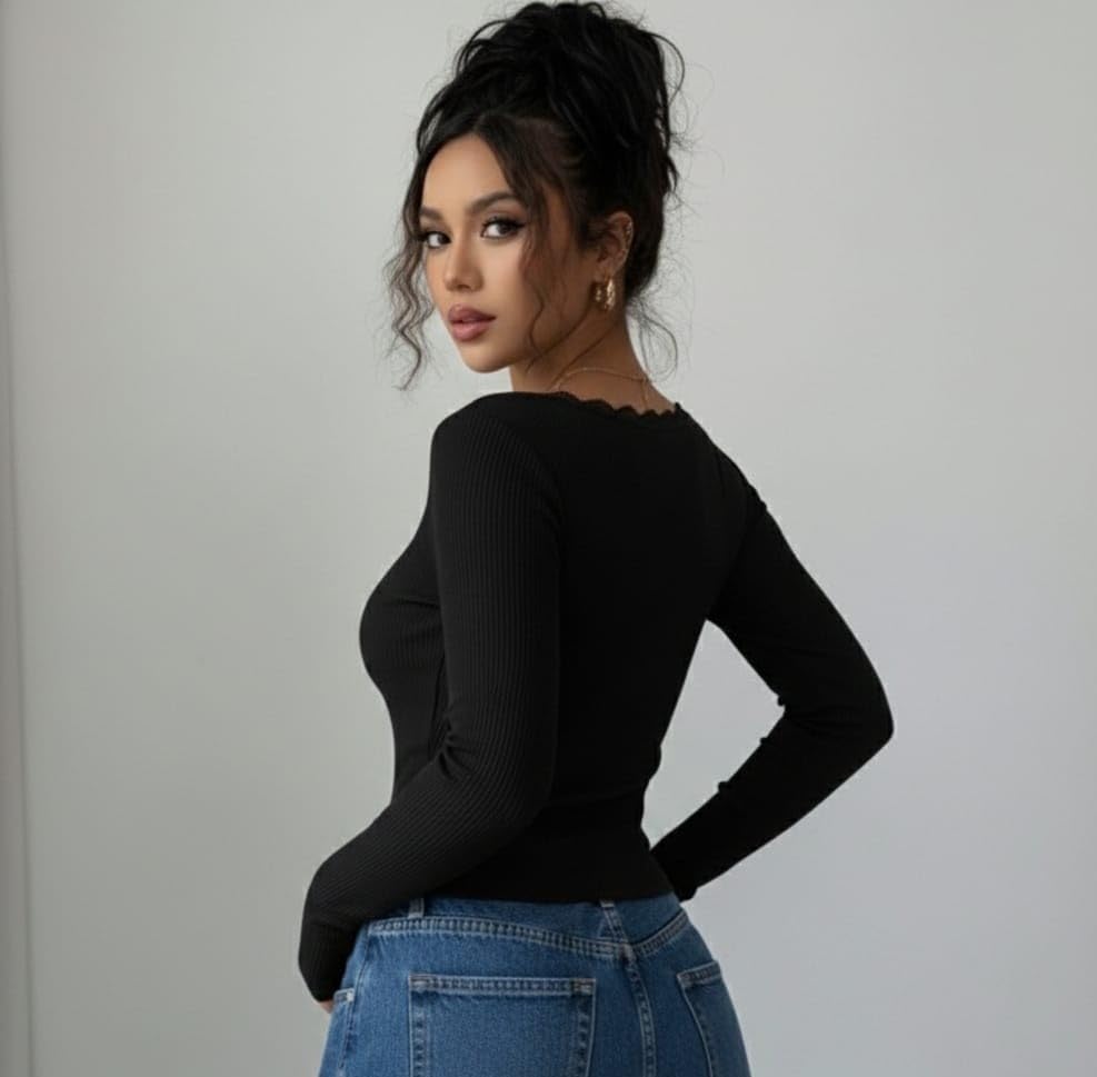 Image of Korean Deep Neck Lace Crop Top for Women, Full Sleeve Stylish Top, Trendy Slim Fit for Girls