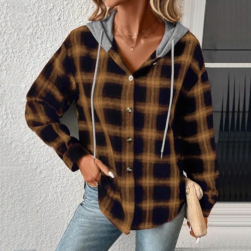 Women Plaid Hooded Shirt Drawstring Flannel Hoodie Jacket Casual Button Down Blouse Tops Fall Fashion Outfits2