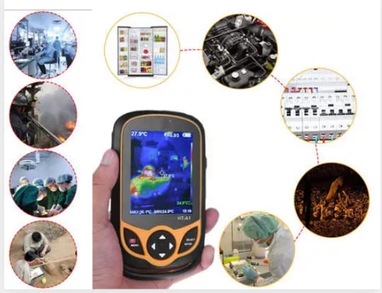 Contents of the HT-A1 thermal imager package, including the device, USB cable, power adapter, wrist strap, and user manual.