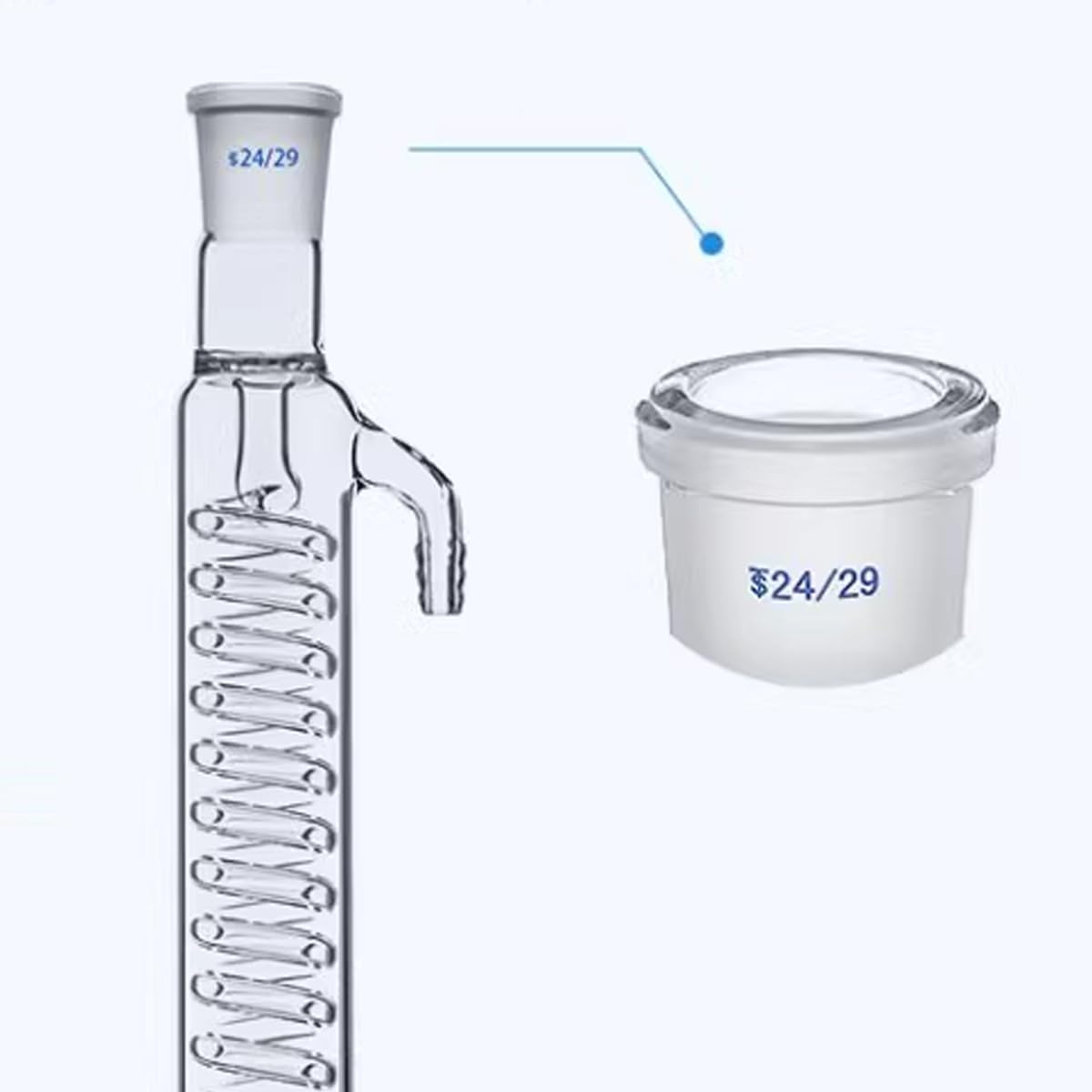 Serpentin-Kondensator aus Borosilikatglas mit 24/29-Gelenk, Chemielabor, Destillations- und Reflux-Gerät mit Glasschlauchanschlüssen, 300 mm