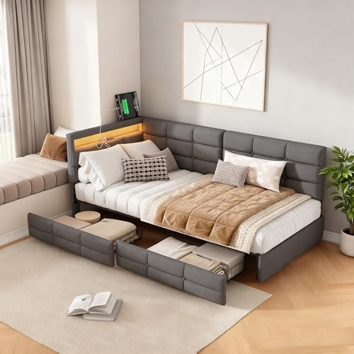 Yeutre Canapé lit rembourré 90 x 200 cm avec 2 tiroirs, lit Banquette avec éclairage LED et Charge USB, Cadre de Lits Simple avec sommier à Lattes (sans...