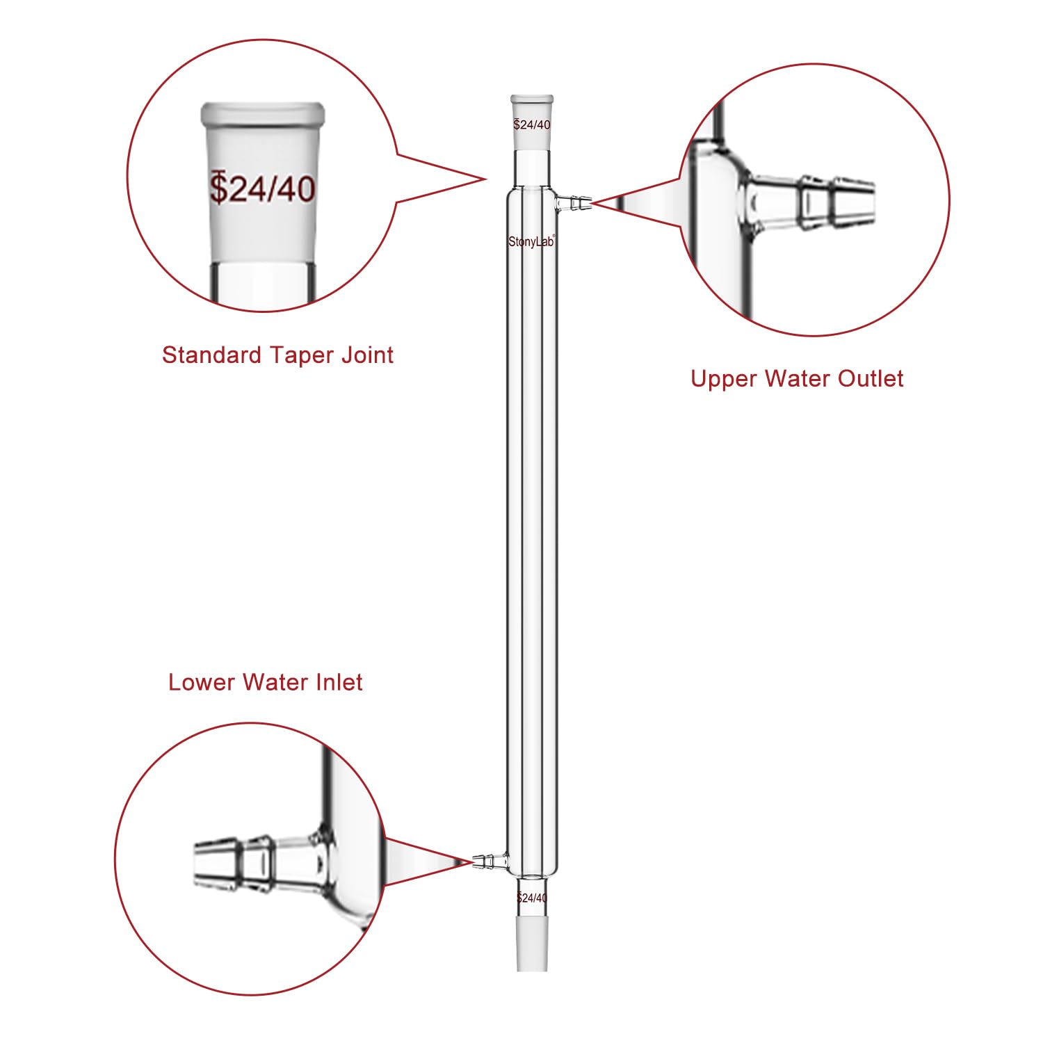 stonylab Liebig Condensador, Vidrio de Borosilicato Liebig Condensador con 24/40 Junta, Longitud de la Chaqueta 500 mm, Cristalería de Destilación de Condensación de Laboratorio