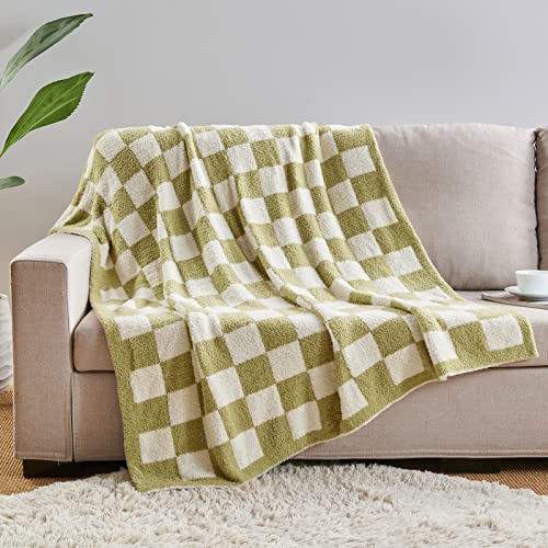 Image of CozeCube Sage Green White Reversible Checkered Knit Throw Blanket 50 inchx60 inch