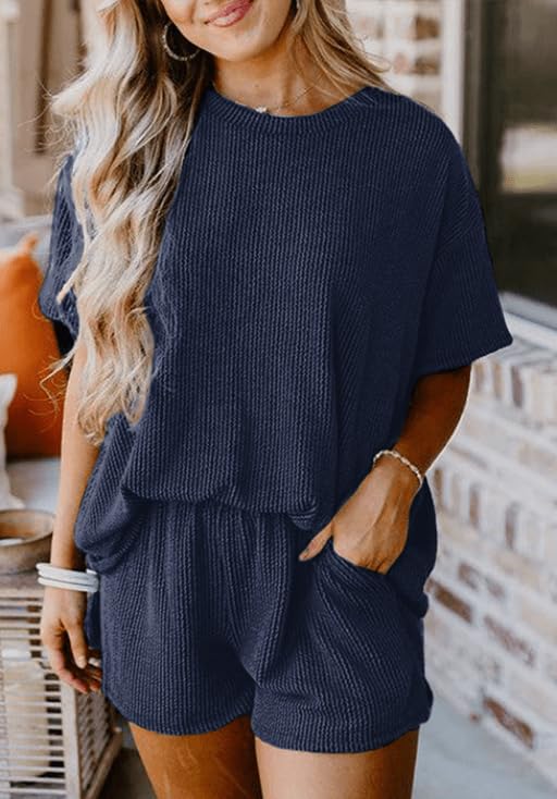Image of Womens Pajama Sets 2 Piece Pjs Sleepwear Soft Comfy Short Sleeve Tops and Shorts Lounge Set Loungewear Outfit
