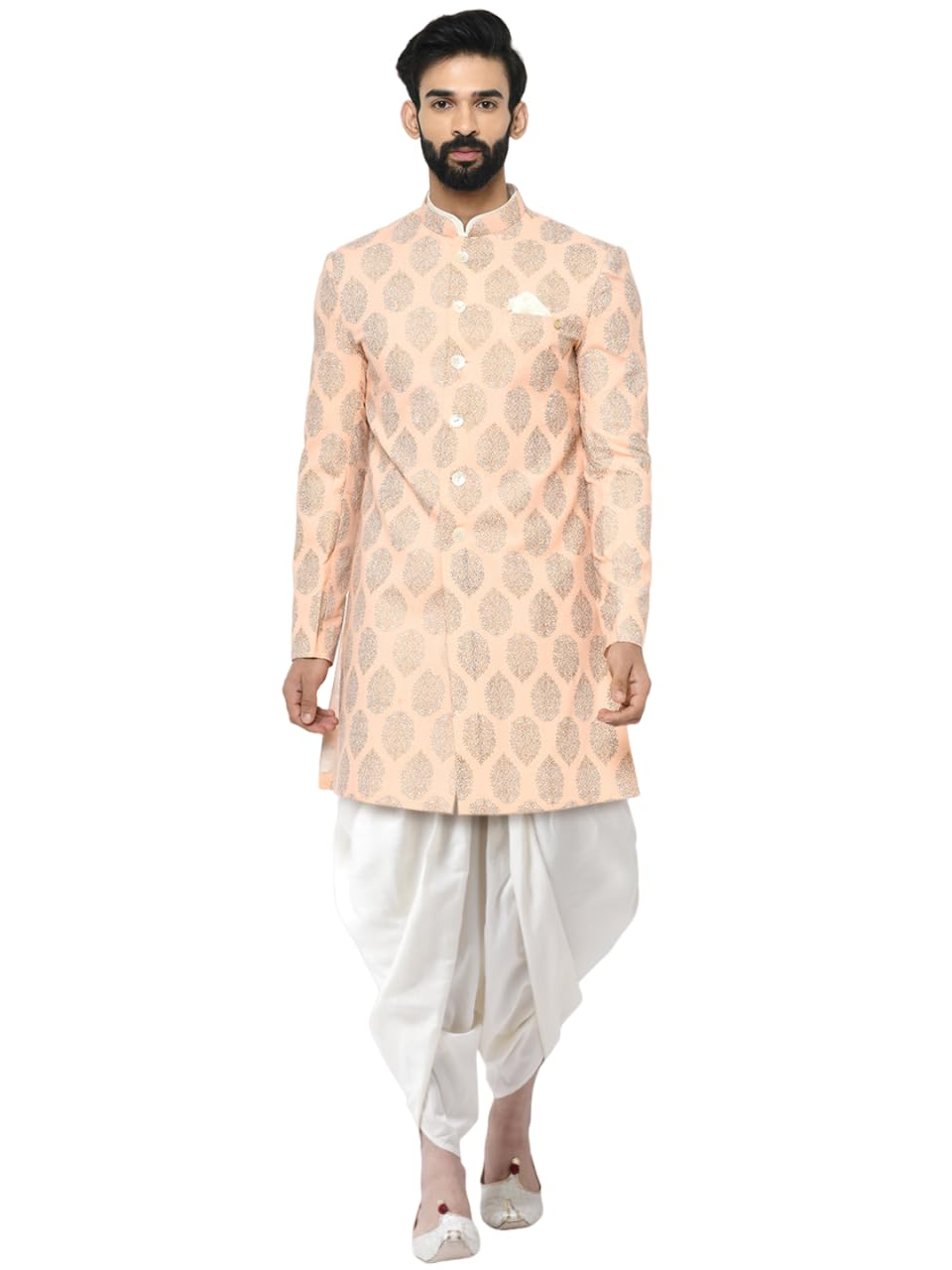 Kisah Men's Cotton Blend Full Sleeves Regular Fit Printed Baby Pink Indo-Western Sherwani Dhoti Pant Set (L)