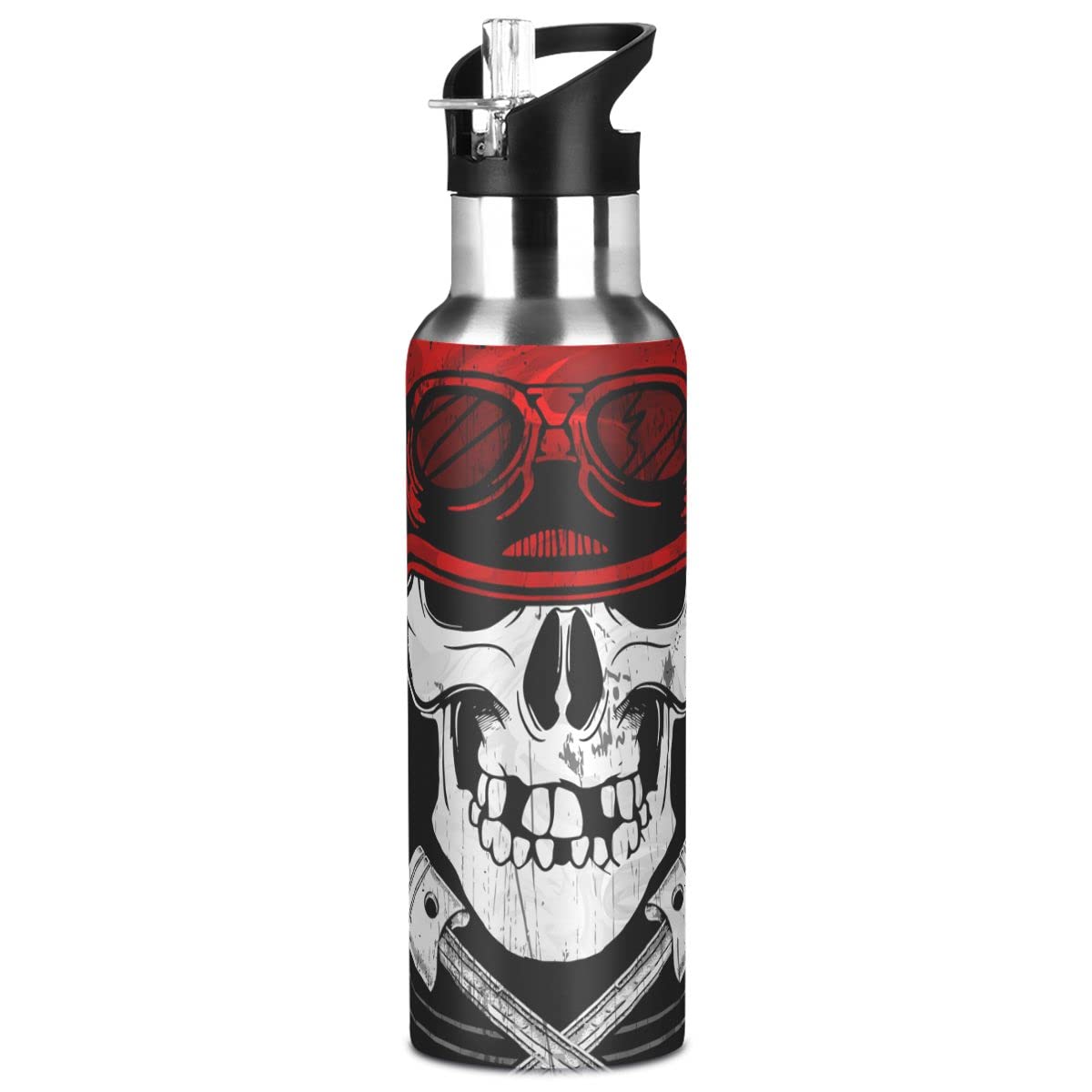 Edelstahl Wasserflasche mit Strohhalm, Halloween Totenkopf Isolierte Trinkflasche Sport Wasserflasche für Kinder Erwachsene, auslaufsicher, 1L