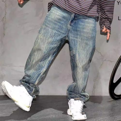 Men’S Vintage Hip Hop High Street Skateboard Baggy Denim Cargo Pants Slim Fit Full Length Button Fly Distressed Trousers4