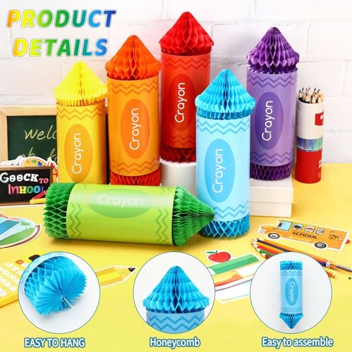 Image of 12 Pcs 100 Days of School Decorations, Colorful Crayon Pencil Honeycomb Classroom Ceiling Decorations for First Day of School Office Birthday Party Supplies Decor