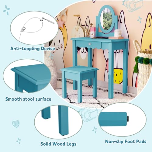 Image of HLR Little Girls Vanity Set with Mirror and Stool,Wooden 2 in 1 Princess Makeup Desk Dressing Table with Detachable Top,Toddler Vanity Dresser Set with Drawer,Blue
