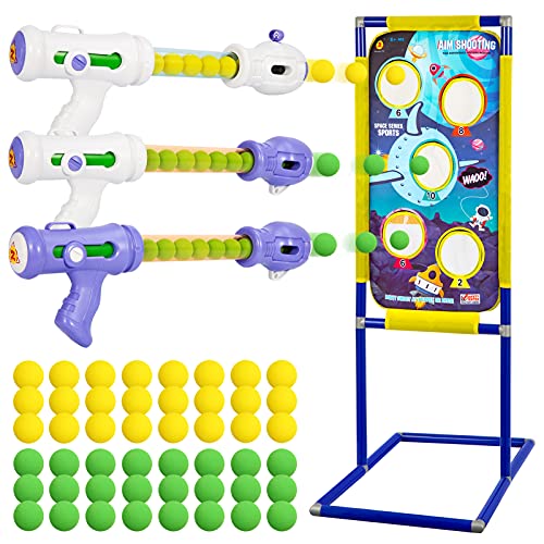 ThinkMax Shooting Game Toy for Kids 5 6 7 8 9 10+ Years Olds,3pk Foam Ball Popper Air Toy Guns with Standing Shooting Target,48 Foam Balls,Ideal Nerf Gun Toys.
